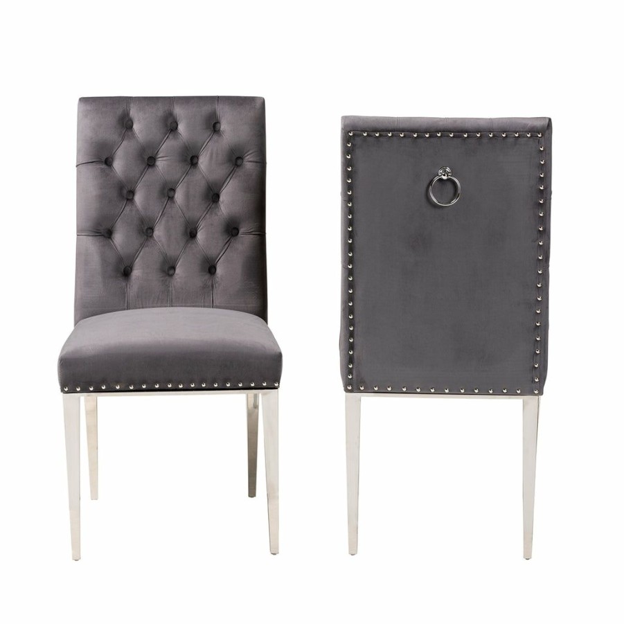 Dining Chair * | Baxton Studio Fashion Caspera Contemporary Glam And Luxe Grey Velvet Fabric And Silver Metal 2-Piece Dining Chair Set