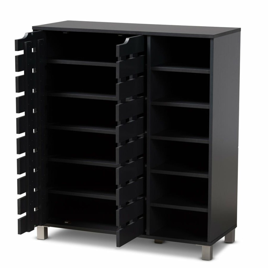 Shoe Cabinet * | Baxton Studio Typical Style Shirley Modern And Contemporary Dark Grey Finished 2-Door Wood Shoe Storage Cabinet With Open Shelves