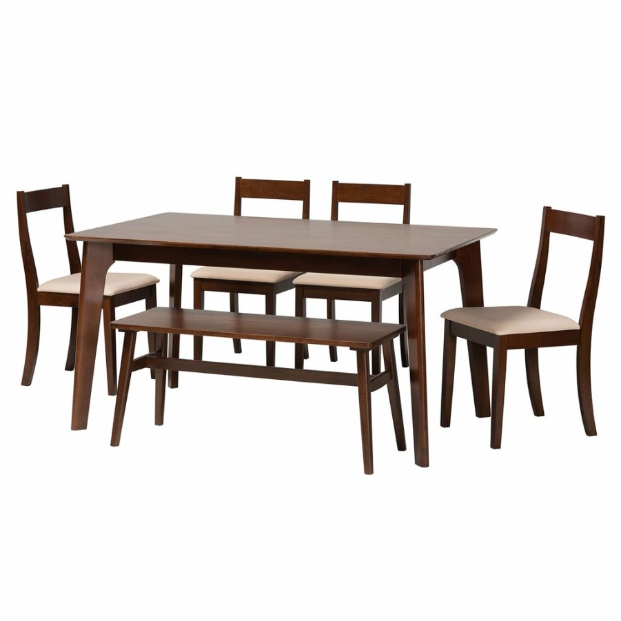 Dining Set * | Baxton Studio Hot Selling Carola Mid-Century Modern Cream Fabric And Dark Brown Finished Wood Dining Set Cream/Dark Brown