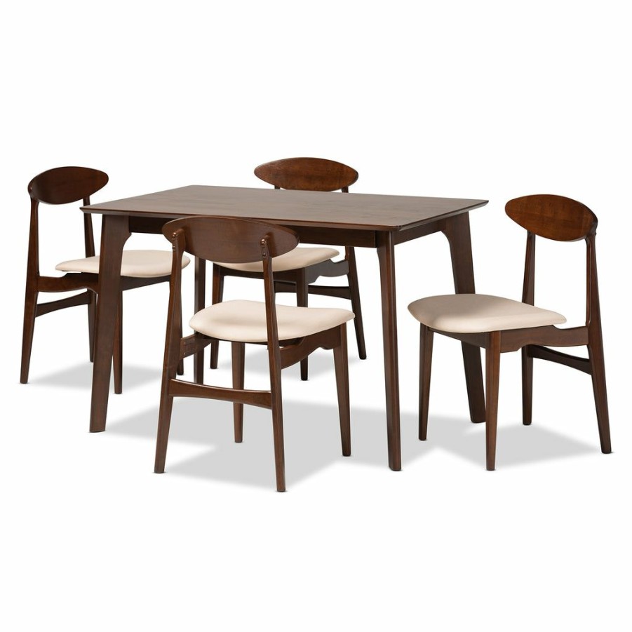 Dining Set * | Baxton Studio Hot Selling Daria Mid-Century Modern Fabric And Dark Brown Finished Wood 5-Piece Dining Set