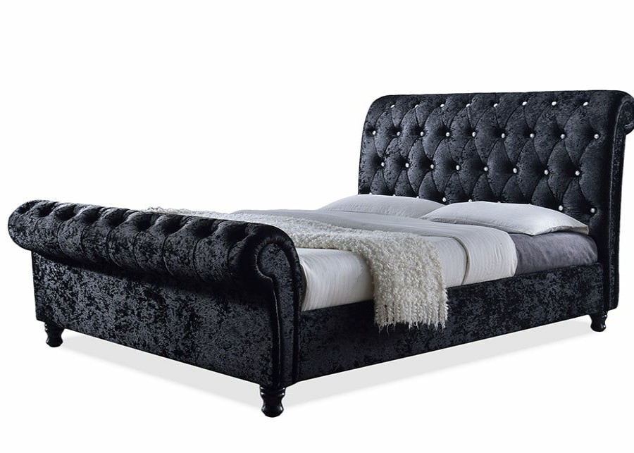 Bed * | Baxton Studio Typical Style Castello Black Velvet Upholstered Faux Crystal-Buttoned Sleigh King Platform Bed