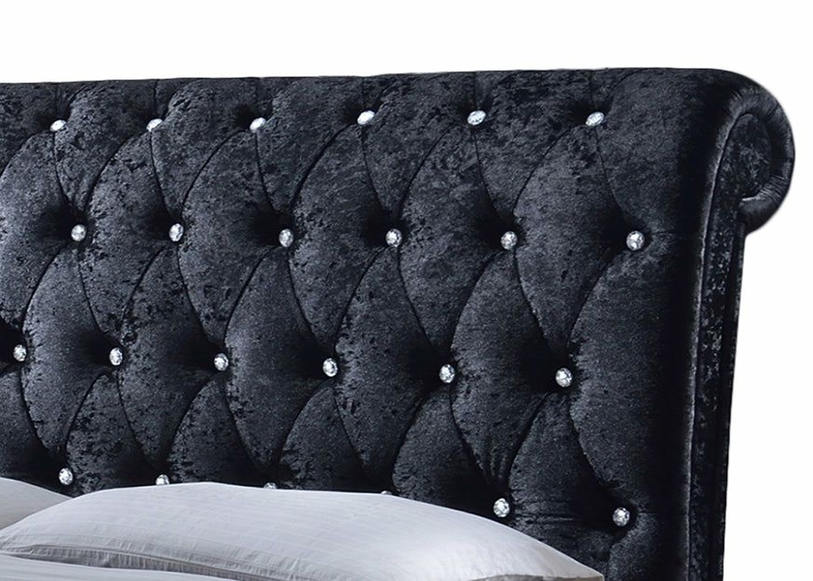 Bed * | Baxton Studio Typical Style Castello Black Velvet Upholstered Faux Crystal-Buttoned Sleigh King Platform Bed