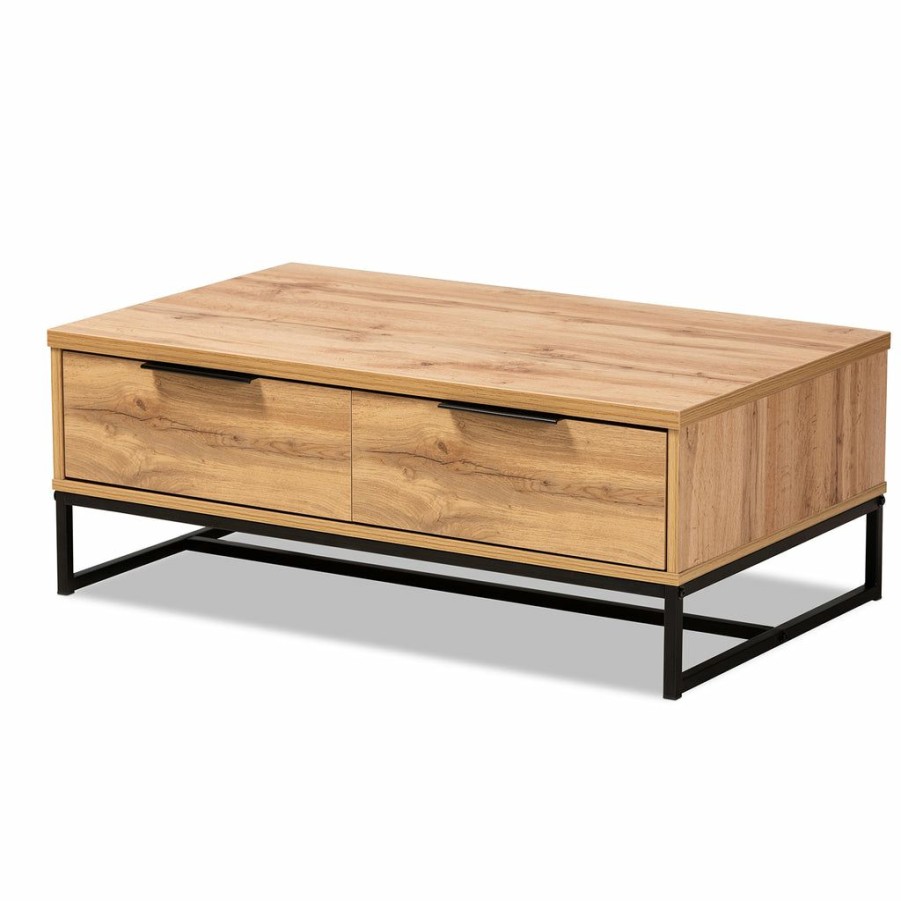 Drawer Table * | Baxton Studio Best Price Franklin Modern And Contemporary Oak Brown Finished Wood And Black Finished Metal 2-Drawer Coffee Table