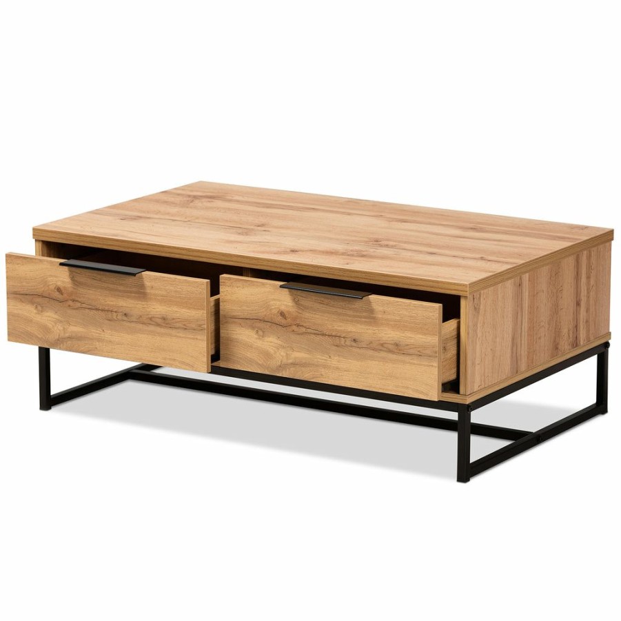 Drawer Table * | Baxton Studio Best Price Franklin Modern And Contemporary Oak Brown Finished Wood And Black Finished Metal 2-Drawer Coffee Table