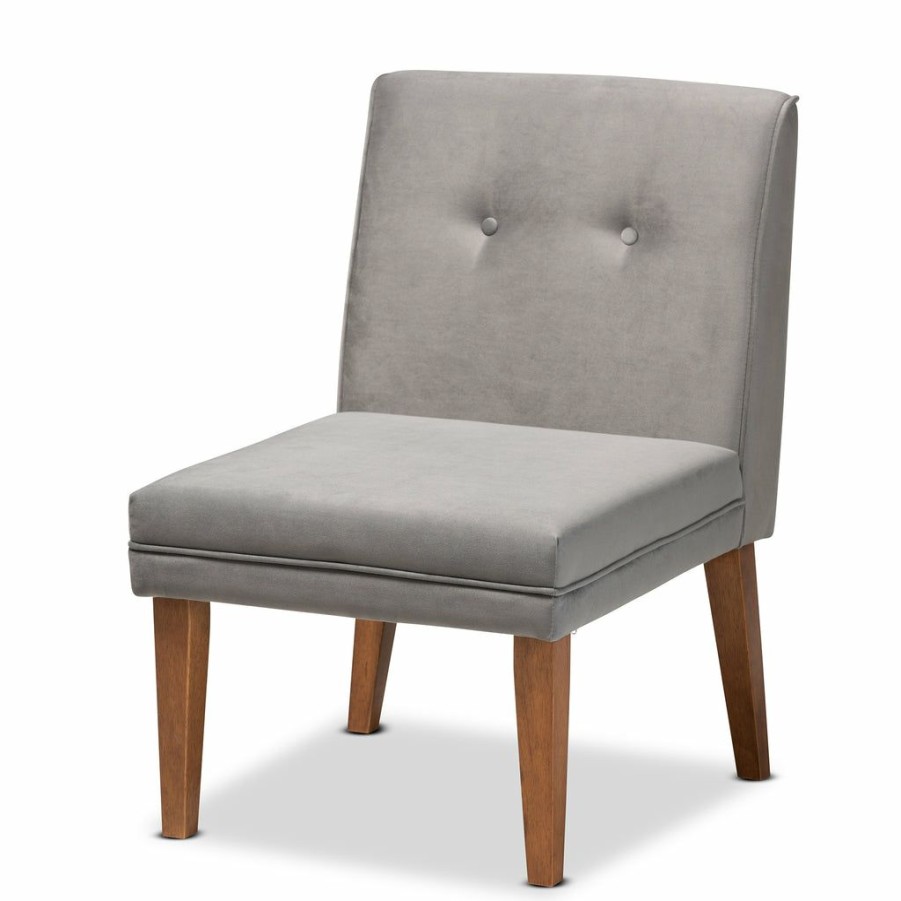 Dining Chair * | Baxton Studio Typical Style Stewart Mid-Century Modern Grey Velvet Upholstered And Walnut Brown Finished Wood Dining Chair