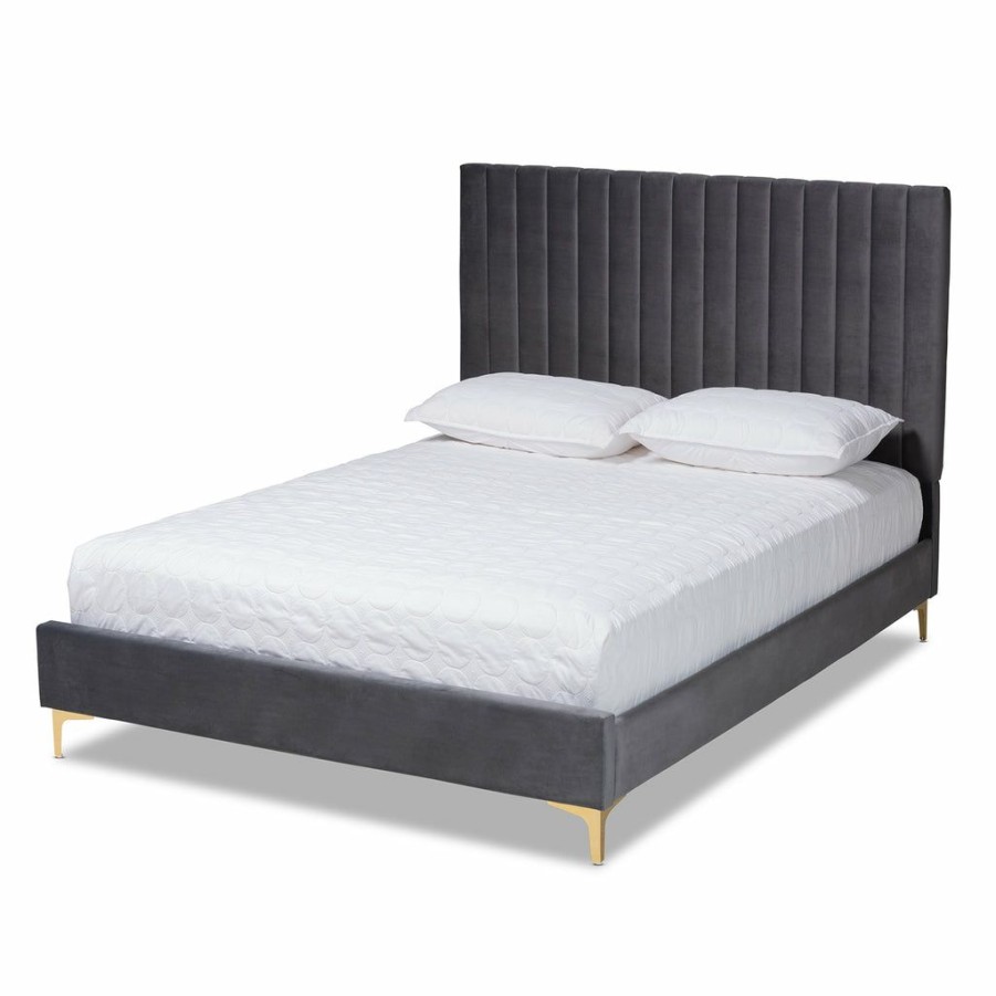 Bed * | Baxton Studio Cheap Serrano Contemporary Glam And Luxe Velvet Fabric Upholstered And Gold Metal Platform Bed