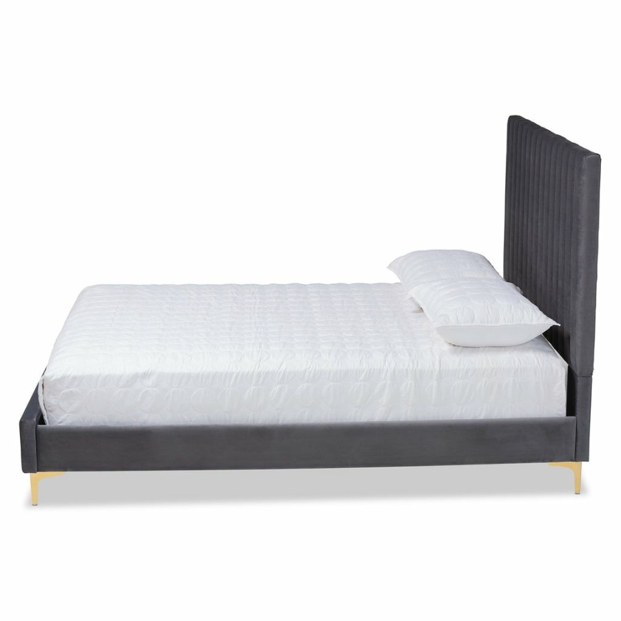 Bed * | Baxton Studio Cheap Serrano Contemporary Glam And Luxe Velvet Fabric Upholstered And Gold Metal Platform Bed