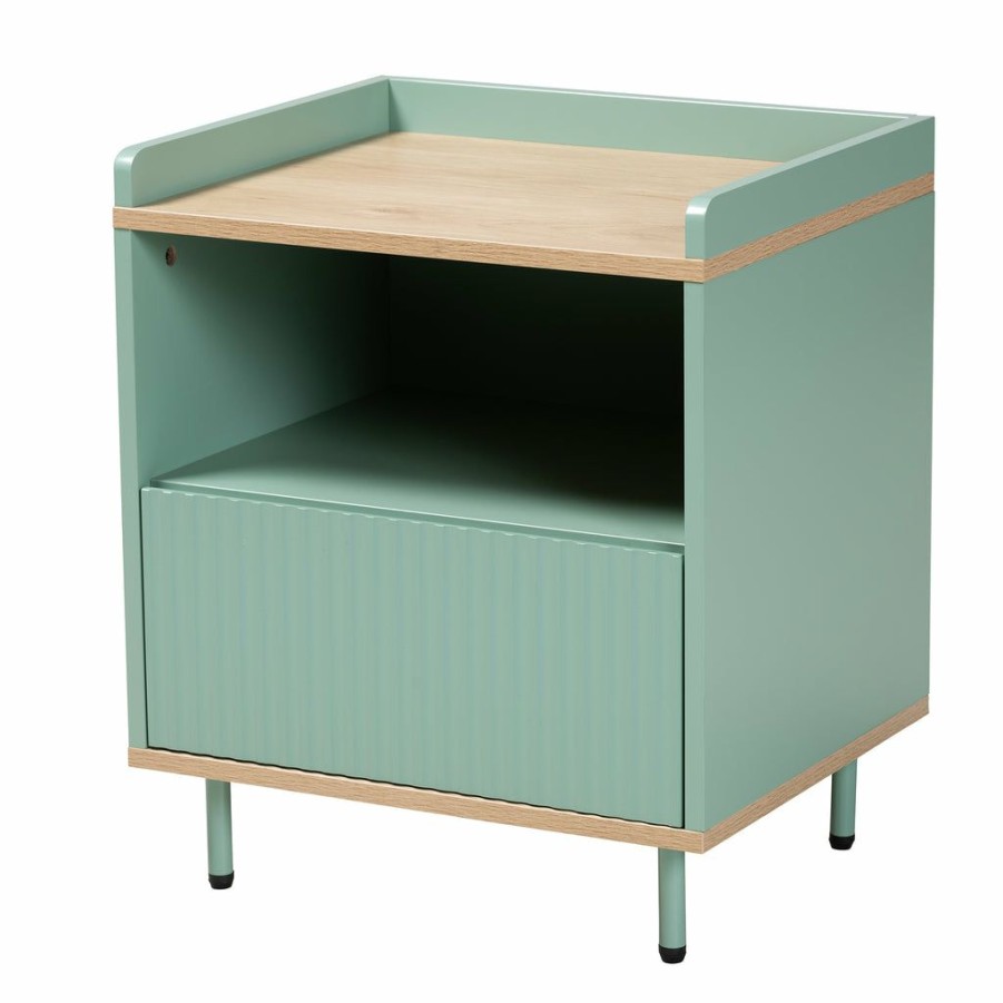 Nightstand * | Baxton Studio Discount Tavita Mid-Century Modern Two-Tone Mint Green And Oak Brown Finished Wood 1-Drawer Nightstand