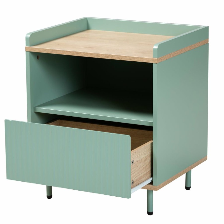 Nightstand * | Baxton Studio Discount Tavita Mid-Century Modern Two-Tone Mint Green And Oak Brown Finished Wood 1-Drawer Nightstand