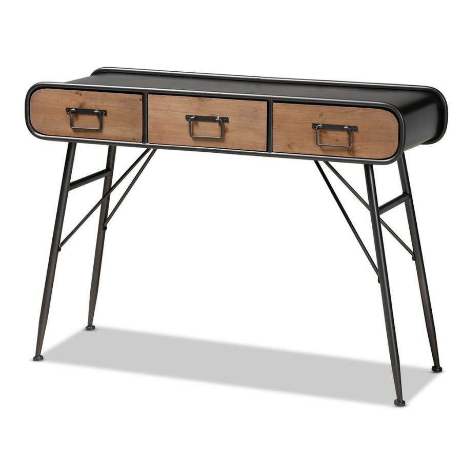 Drawer Table * | Baxton Studio Less Expensive Santo Modern And Contemporary Industrial Black Metal And Oak Brown Finished Wood 3-Drawer Entryway Console Table