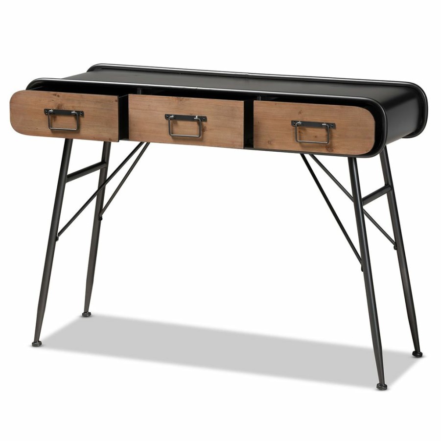 Drawer Table * | Baxton Studio Less Expensive Santo Modern And Contemporary Industrial Black Metal And Oak Brown Finished Wood 3-Drawer Entryway Console Table