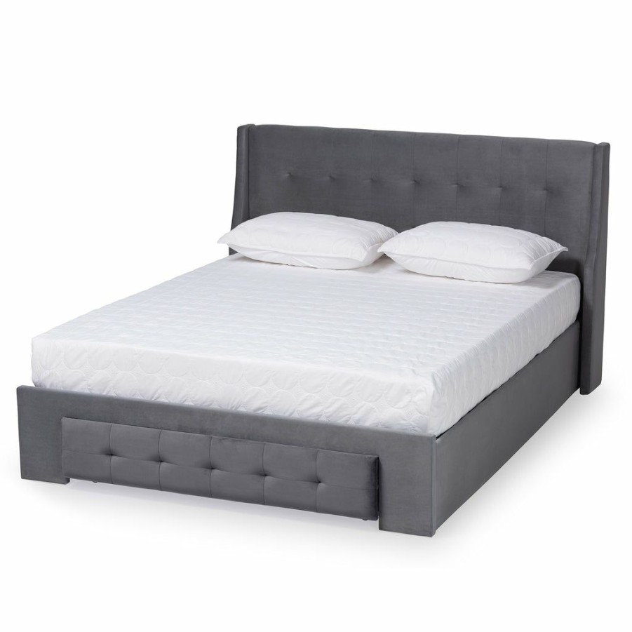 Bed * | Baxton Studio Best Price Noella Modern And Contemporary Grey Velvet Fabric Upholstered Queen Size 1-Drawer Platform Storage Bed