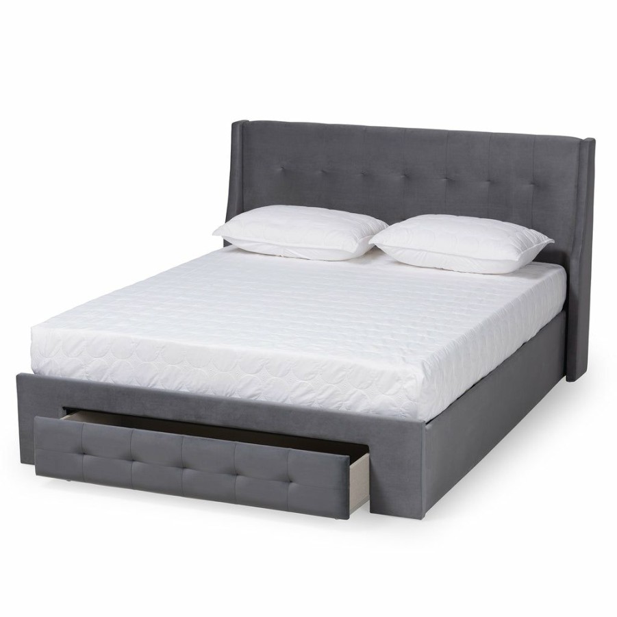 Bed * | Baxton Studio Best Price Noella Modern And Contemporary Grey Velvet Fabric Upholstered Queen Size 1-Drawer Platform Storage Bed