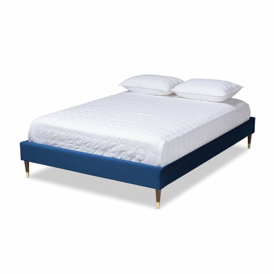 Bed * | Baxton Studio Less Expensive Volden Glam And Luxe Navy Blue Velvet Fabric Upholstered Full Size Wood Platform Bed Frame With Gold-Tone Leg Tips