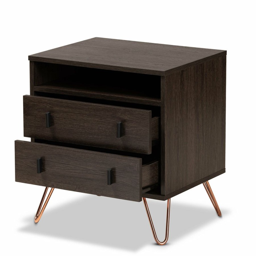 Nightstand * | Baxton Studio Hot Selling Glover Modern And Contemporary Dark Brown Finished Wood And Rose Gold-Tone Finished Metal 2-Drawer Nightstand