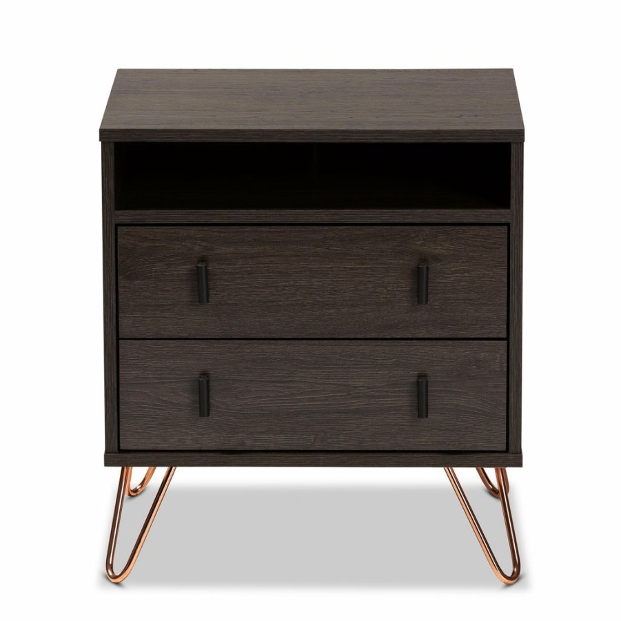 Nightstand * | Baxton Studio Hot Selling Glover Modern And Contemporary Dark Brown Finished Wood And Rose Gold-Tone Finished Metal 2-Drawer Nightstand