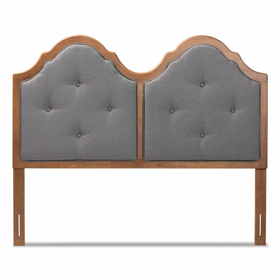 Upholstered Headboard * | Baxton Studio Top Sell Falk Vintage Classic Traditional Dark Grey Fabric Upholstered And Walnut Brown Finished Wood Queen Size Arched Headboard