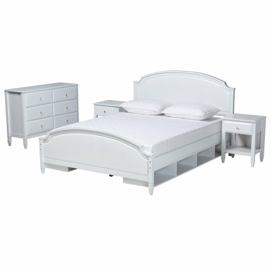 Bed * | Baxton Studio Cheap Elise Classic And Transitional White Finished Wood 4-Piece Bedroom Set White/Gold