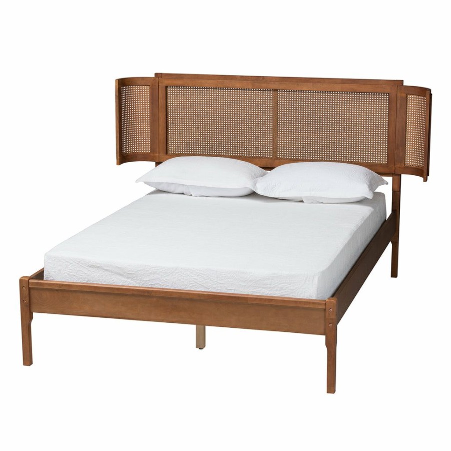 Bed * | Baxton Studio Bestsellers Eridian Mid-Century Modern Walnut Brown Finished Wood And Natural Rattan Platform Bed Natural Brown/Walnut Brown