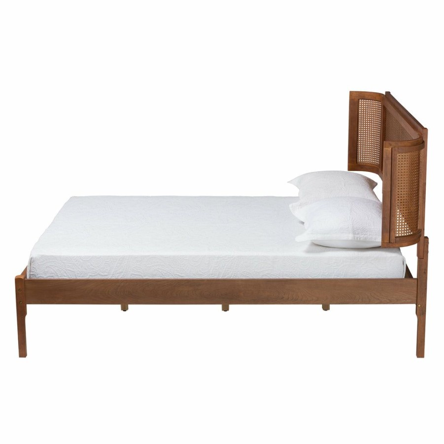 Bed * | Baxton Studio Bestsellers Eridian Mid-Century Modern Walnut Brown Finished Wood And Natural Rattan Platform Bed Natural Brown/Walnut Brown