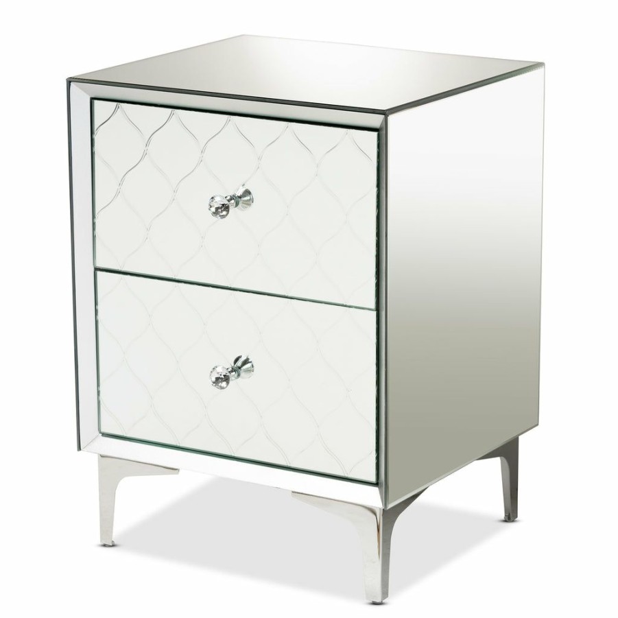 Nightstand * | Baxton Studio High Quality Kacela Contemporary Glam And Luxe Silver Finished Metal 2-Drawer Nightstand With Mirrored Glass