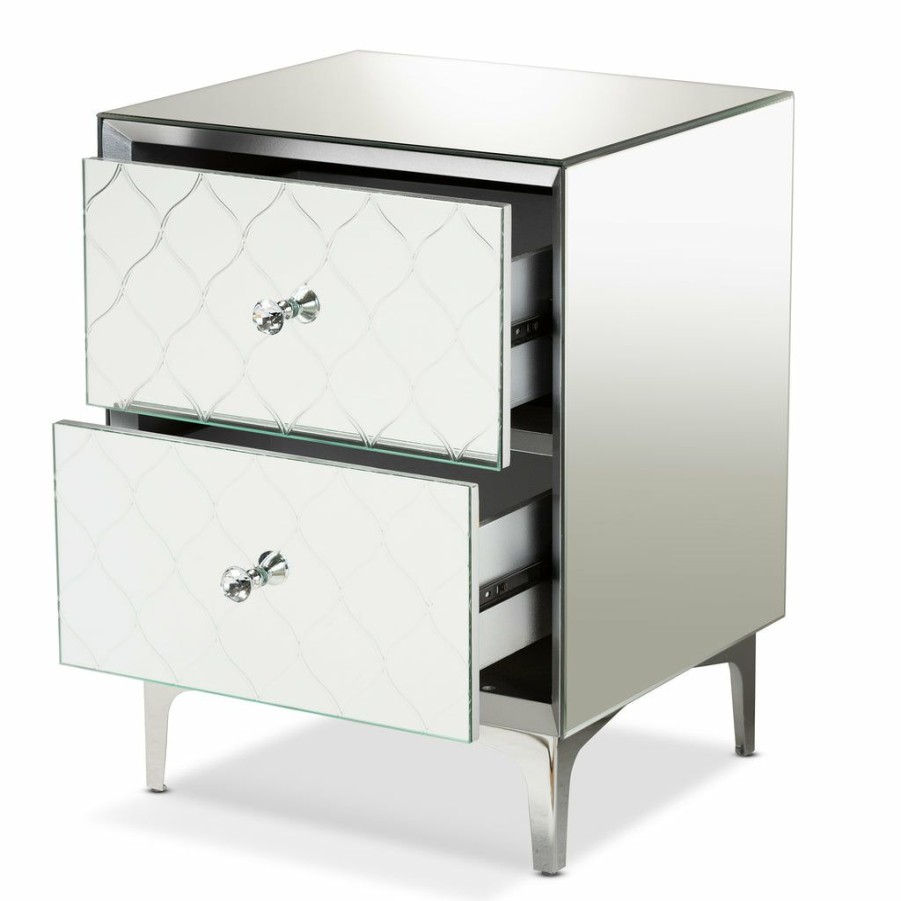 Nightstand * | Baxton Studio High Quality Kacela Contemporary Glam And Luxe Silver Finished Metal 2-Drawer Nightstand With Mirrored Glass