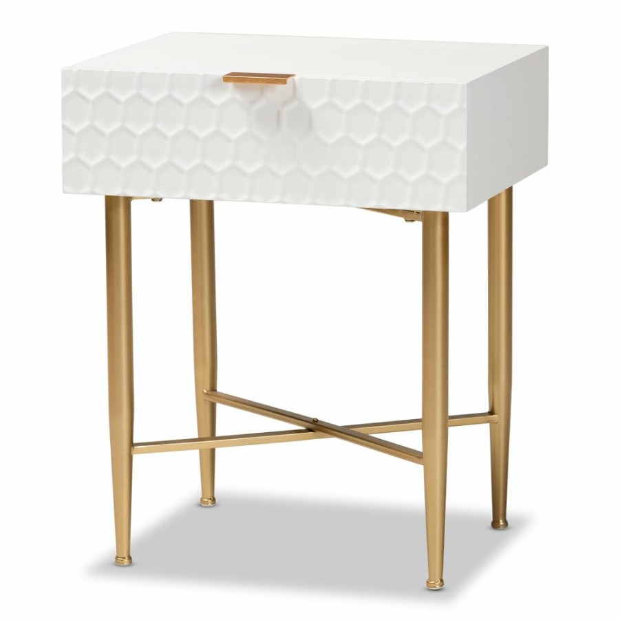 Nightstand * | Baxton Studio Reliable Quality Marcin Contemporary Glam And Luxe White Finished Wood And Gold Metal 1-Drawer Nightstand