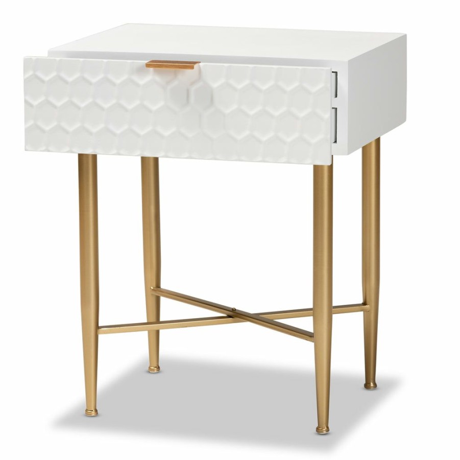 Nightstand * | Baxton Studio Reliable Quality Marcin Contemporary Glam And Luxe White Finished Wood And Gold Metal 1-Drawer Nightstand