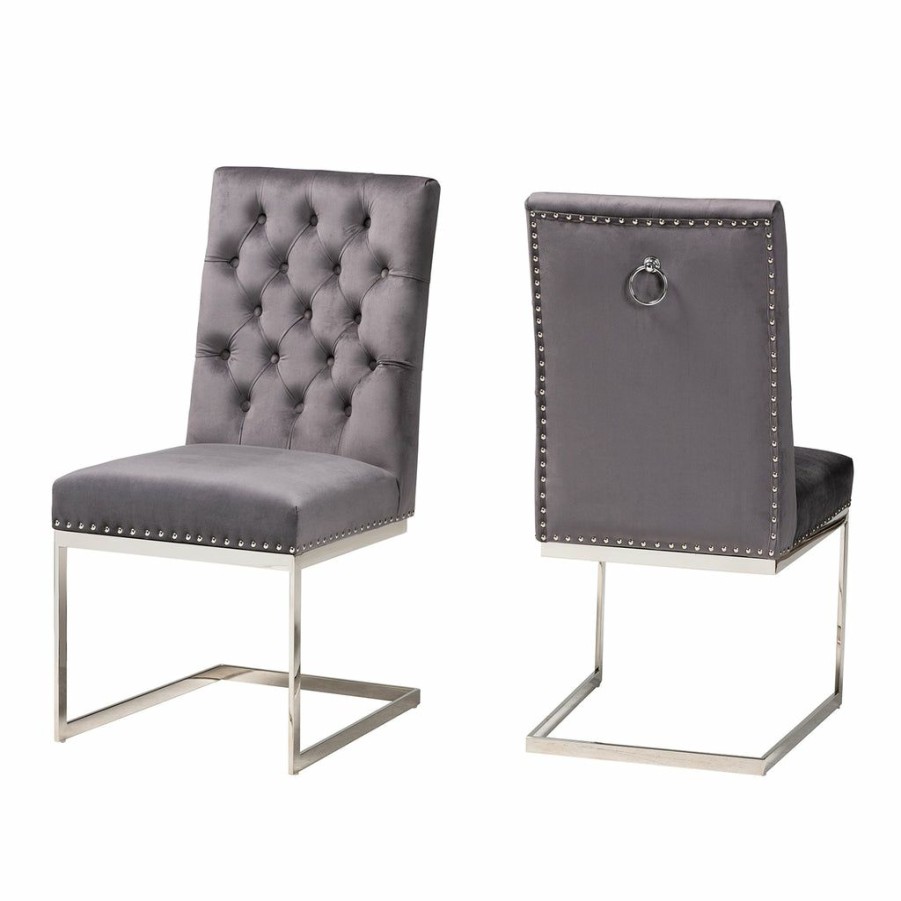 Dining Chair * | Baxton Studio Low Price Sherine Contemporary Glam And Luxe Velvet Fabric And Silver Metal 2-Piece Dining Chair Set