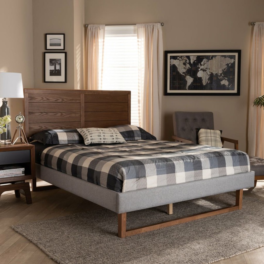 Bed * | Baxton Studio Low Price Claudia Rustic Modern Light Grey Fabric Upholstered And Walnut Brown Finished Wood Queen Size Platform Bed