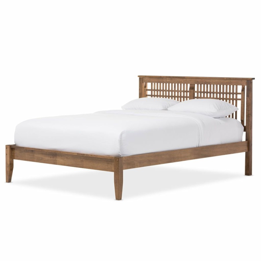 Bed * | Baxton Studio Bestsellers Loafey Mid-Century Modern Solid Walnut Wood Window-Pane Style King Size Platform Bed