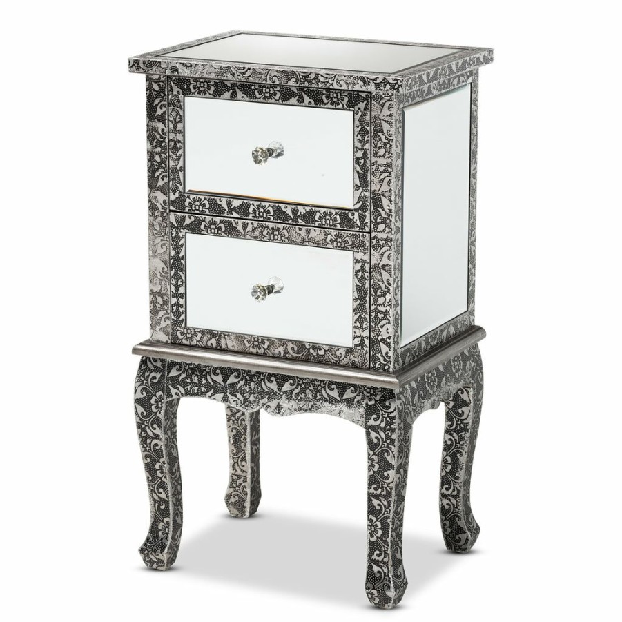 Nightstand * | Baxton Studio 100% Guarantee Wycliff Industrial Glam And Luxe Silver Finished Metal And Mirrored Glass 2-Drawer Nightstand