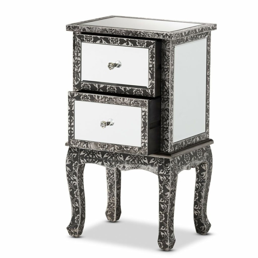 Nightstand * | Baxton Studio 100% Guarantee Wycliff Industrial Glam And Luxe Silver Finished Metal And Mirrored Glass 2-Drawer Nightstand