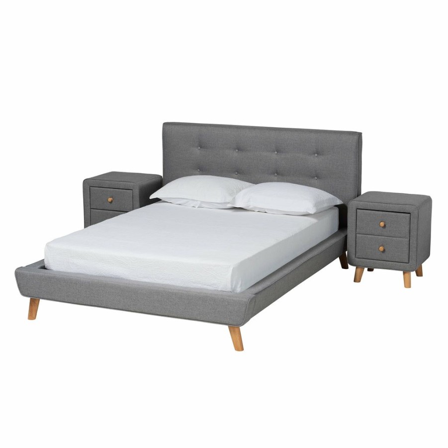 Bed * | Baxton Studio Reliable Quality Jonesy Mid-Century Modern Transitional Grey Fabric Upholstered 3-Piece Bedroom Set