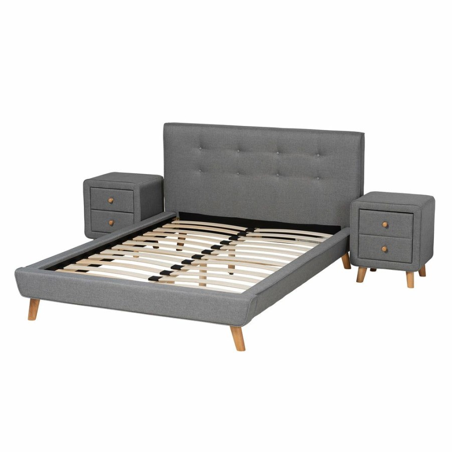 Bed * | Baxton Studio Reliable Quality Jonesy Mid-Century Modern Transitional Grey Fabric Upholstered 3-Piece Bedroom Set