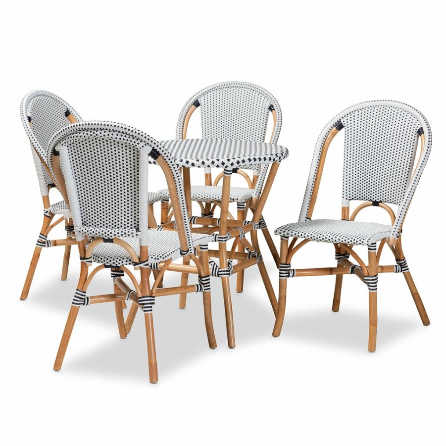 Dining Chair * | Baxton Studio Low Price Genica Classic French Black And White Waeving And Natural Brown Rattan 5-Piece Dining Chair Set