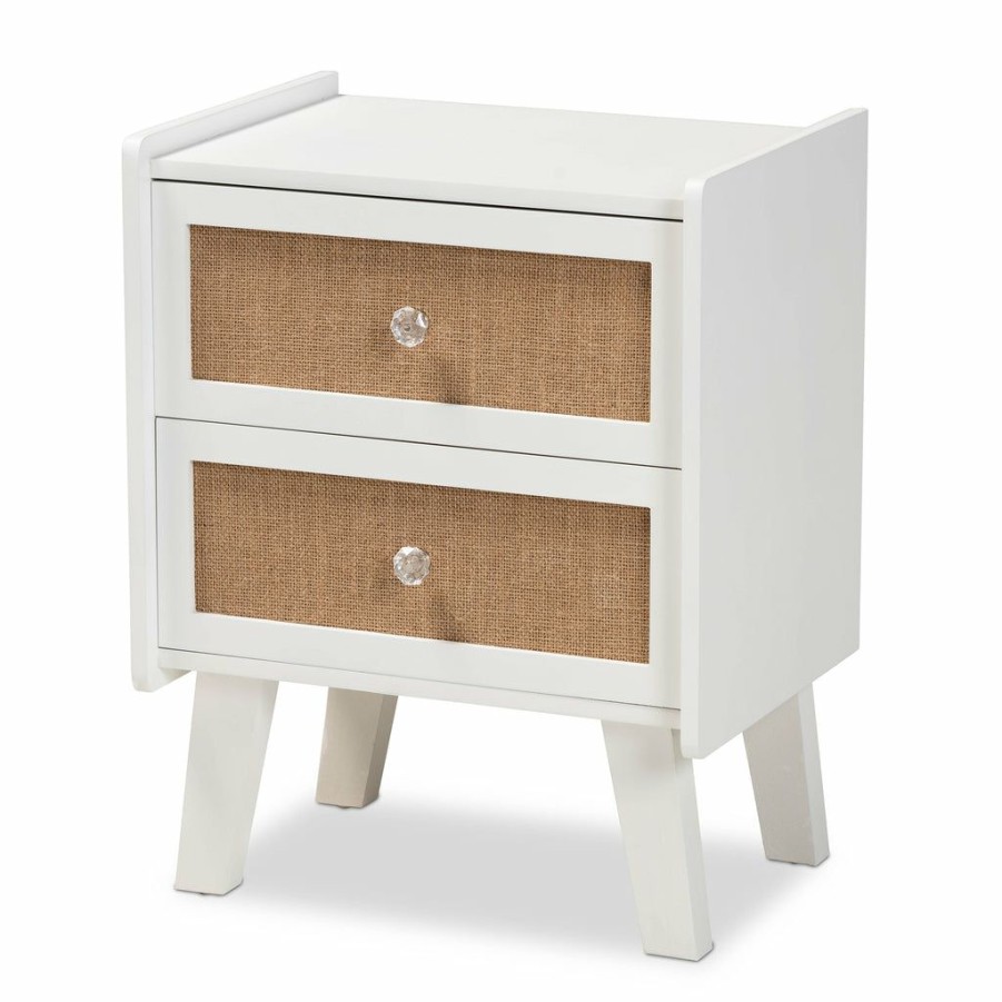 Nightstand * | Baxton Studio Cheap Balta Mid-Century Modern Transitional Oak Brown Rattan And White Finished Wood 2-Drawer Nightstand