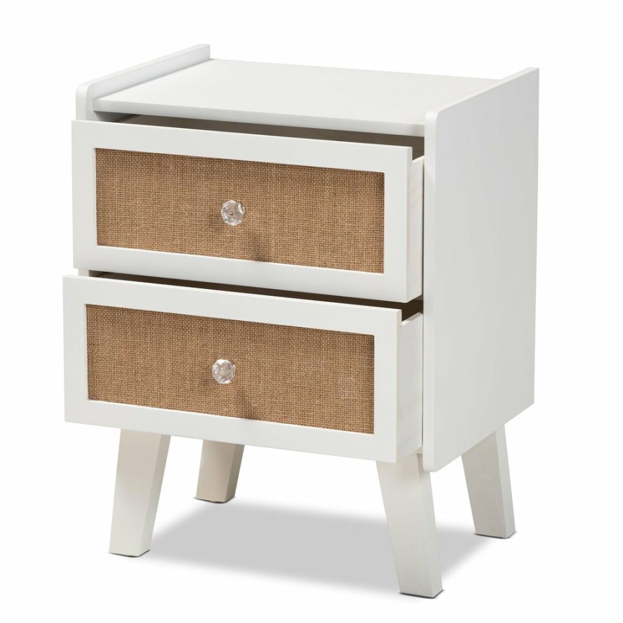 Nightstand * | Baxton Studio Cheap Balta Mid-Century Modern Transitional Oak Brown Rattan And White Finished Wood 2-Drawer Nightstand