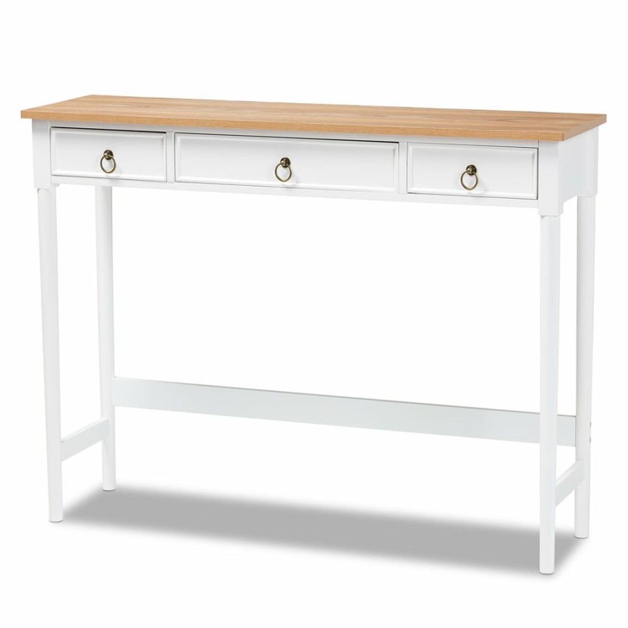 Drawer Table * | Baxton Studio 100% Guarantee Sylvie Classic And Traditional White And Natural Finished 3-Drawer Wood Console Table