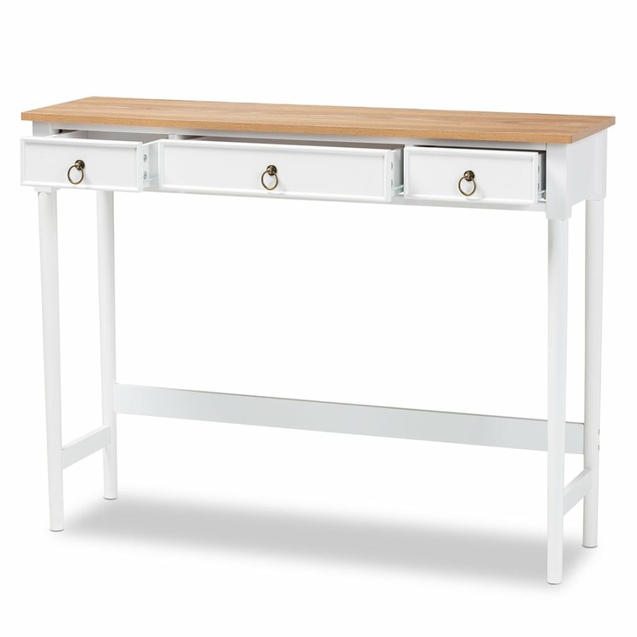 Drawer Table * | Baxton Studio 100% Guarantee Sylvie Classic And Traditional White And Natural Finished 3-Drawer Wood Console Table