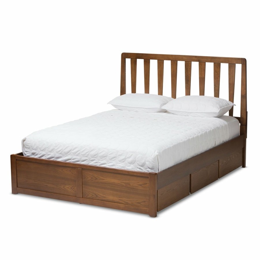 Bed * | Baxton Studio Low Price Raurey Modern And Contemporary Walnut Finished Queen Size Storage Platform Bed