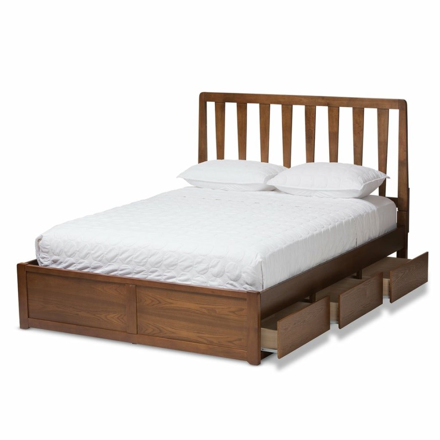 Bed * | Baxton Studio Low Price Raurey Modern And Contemporary Walnut Finished Queen Size Storage Platform Bed