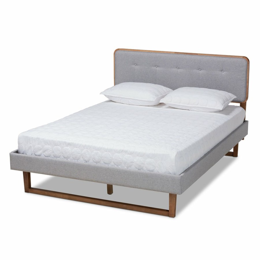 Bed * | Baxton Studio Best Price Sofia Mid-Century Modern Light Grey Fabric Upholstered And Ash Walnut Finished Wood Queen Size Platform Bed