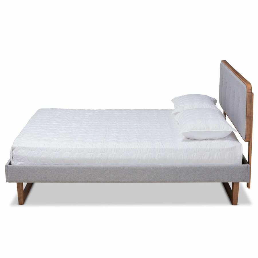 Bed * | Baxton Studio Best Price Sofia Mid-Century Modern Light Grey Fabric Upholstered And Ash Walnut Finished Wood Queen Size Platform Bed