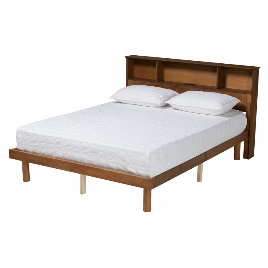 Bed * | Baxton Studio Best Price Lochlan Mid-Century Modern Transitional Walnut Brown Finished Wood Platform Bed With Charging Station