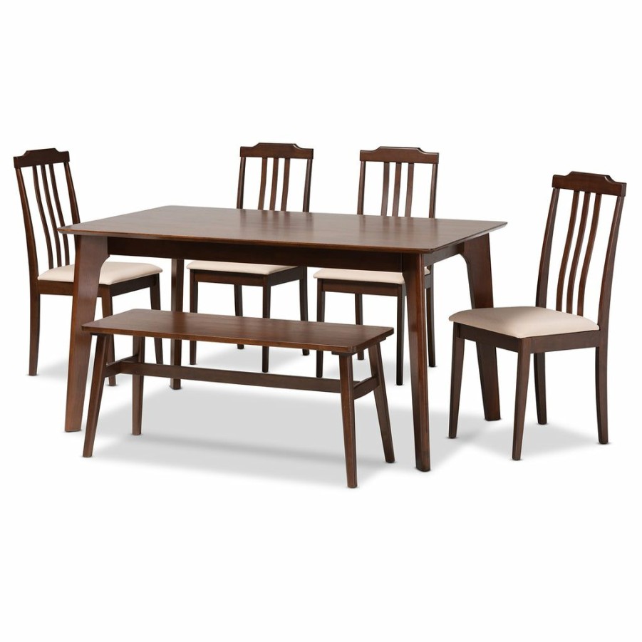 Dining Set * | Baxton Studio Reliable Quality Clarissa Mid-Century Modern Fabric And Dark Brown Finished Wood Dining Set