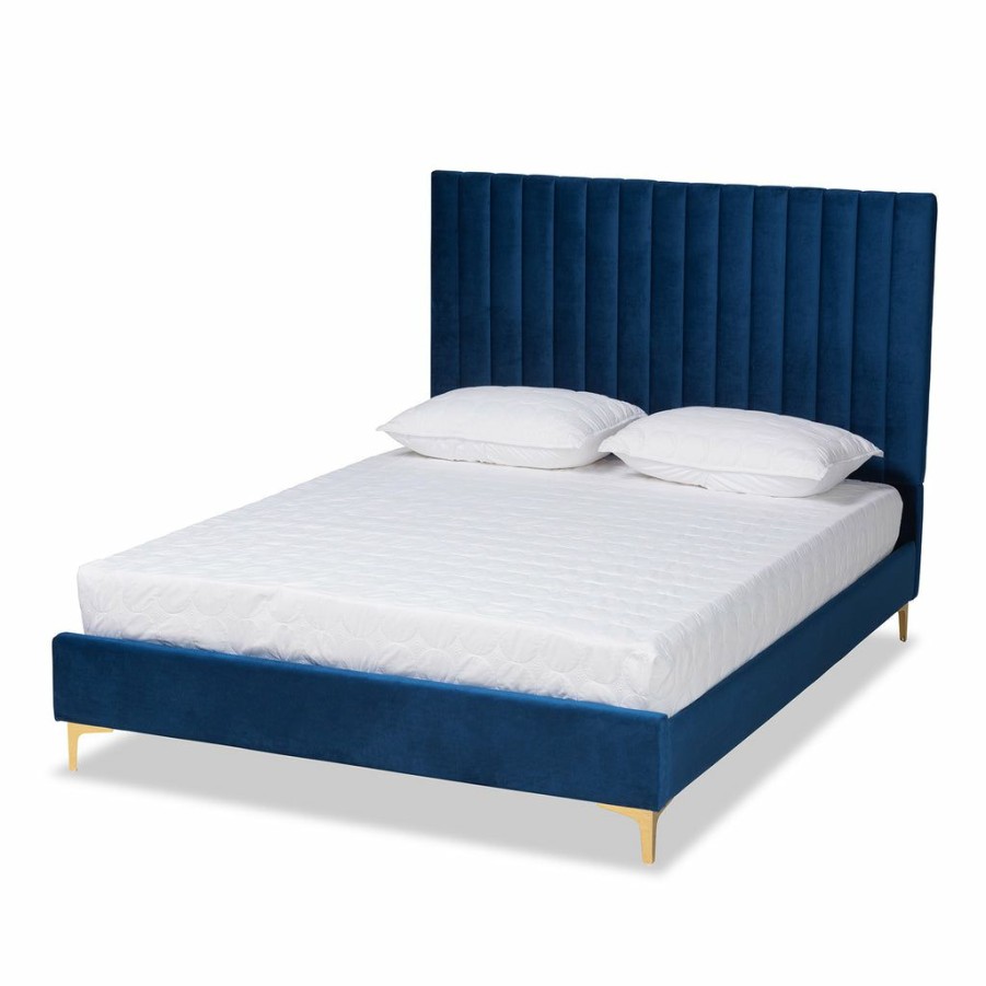 Bed * | Baxton Studio Cheap Serrano Contemporary Glam And Luxe Velvet Fabric Upholstered And Gold Metal Platform Bed