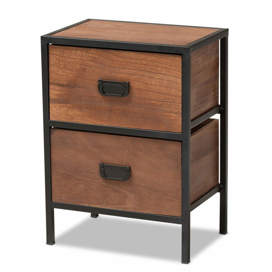 Nightstand * | Baxton Studio Hot Selling Hillard Modern Industrial Walnut Brown Finished Wood And Black Metal 2-Drawer Nightstand