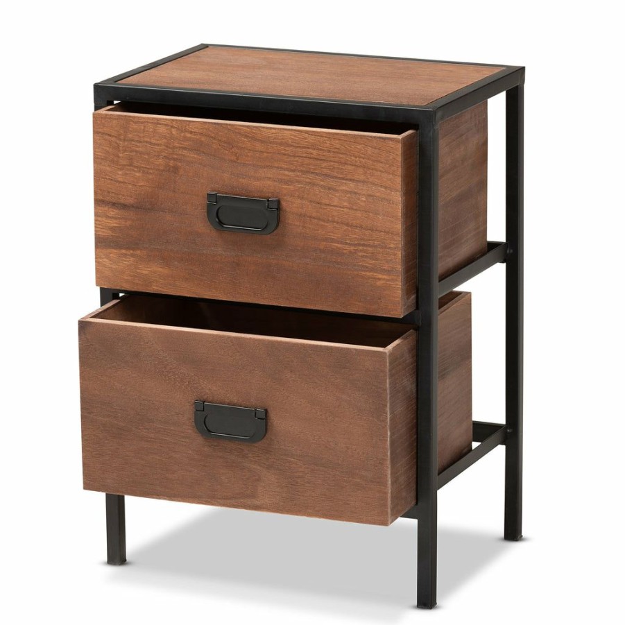 Nightstand * | Baxton Studio Hot Selling Hillard Modern Industrial Walnut Brown Finished Wood And Black Metal 2-Drawer Nightstand