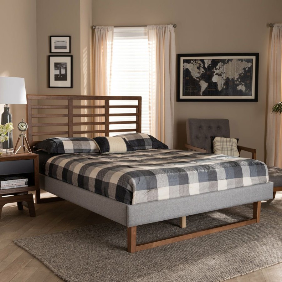 Bed * | Baxton Studio Bestsellers Luciana Modern And Contemporary Light Grey Fabric Upholstered And Ash Walnut Brown Finished Wood Full Size Platform Bed